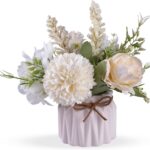 Artificial Potted Flowers White, Small Ceramic Vase Fake Flower Plants Desktop Decoration Indoor for Home and Office, Faux Flowers Hydrangea Decora for Table,Bookshelf,Bedroom,Living Room.(White)